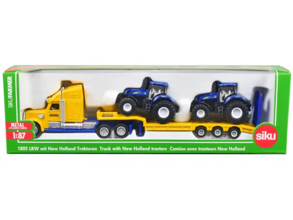 Tractor Truck Yellow with 2 New Holland T7070 Tractors Blue 1/87 (HO) Diecast Models by Siku #1