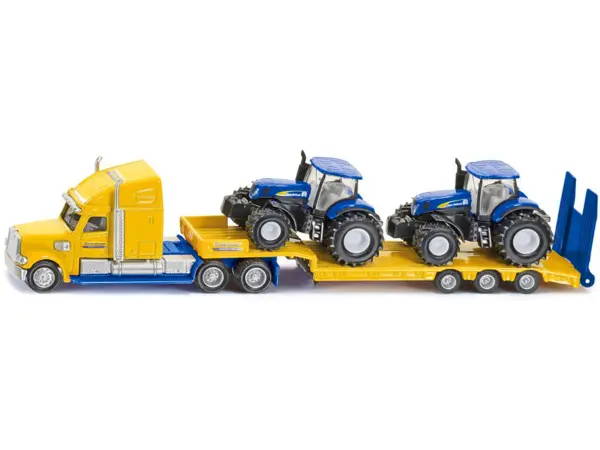 Tractor Truck Yellow with 2 New Holland T7070 Tractors Blue 1/87 (HO) Diecast Models by Siku #2