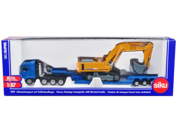 Heavy Haulage Flatbed Transporter Blue and Liebherr 974 Litronic Excavator Yellow 1/87 (HO) Diecast Models by Siku #1