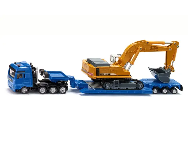 Heavy Haulage Flatbed Transporter Blue and Liebherr 974 Litronic Excavator Yellow 1/87 (HO) Diecast Models by Siku #2