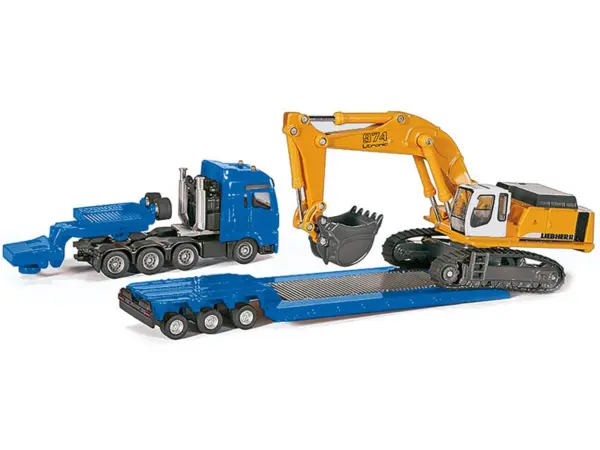 Heavy Haulage Flatbed Transporter Blue and Liebherr 974 Litronic Excavator Yellow 1/87 (HO) Diecast Models by Siku #4