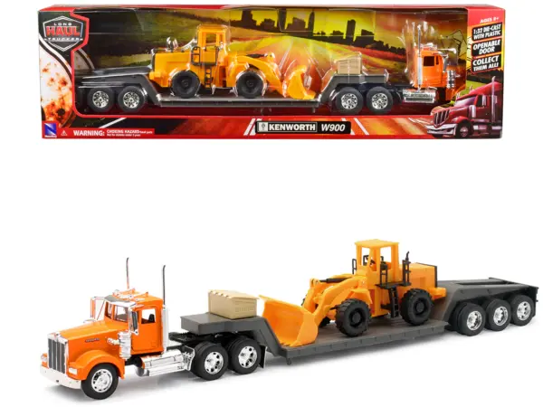 Kenworth W900 Truck with Lowboy Trailer Orange and Wheel Loader Yellow "Long Haul Trucker" Series 1/32 Diecast Model by New Ray #1