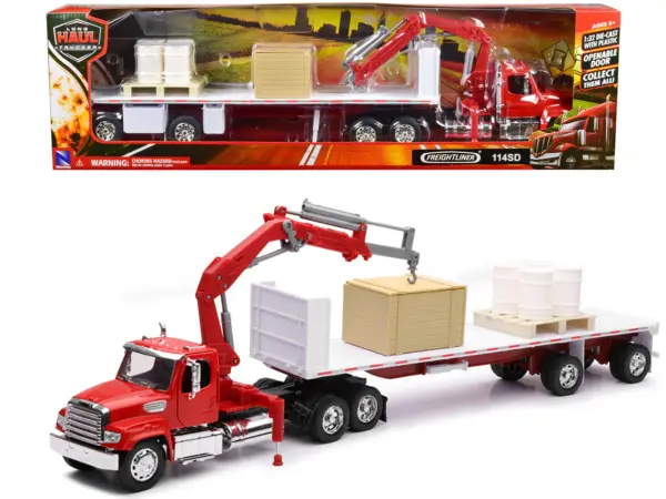 Freightliner 114SD Flatbed Truck with Crane Red with Accessories "Long Haul Trucker" Series 1/32 Diecast Model by New Ray #1