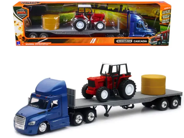 Freightliner Cascadia with Flatbed Trailer Blue with Farm Tractor Red and Hay Bales "Long Haul Trucker" Series 1/43 Diecast Model by New Ray #1