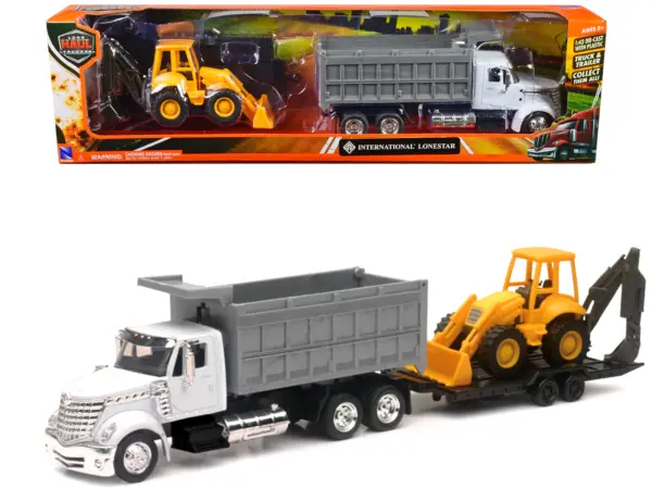 International Lonestar Dump Truck White and Wheel Loader Yellow with Flatbed Trailer "Long Haul Truckers" Series 1/43 Diecast Model by New Ray #1