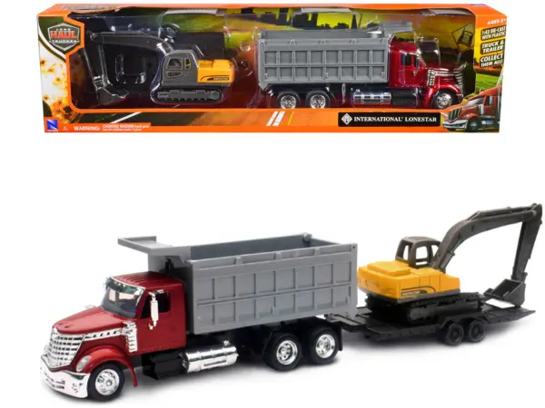 International Lonestar Dump Truck Red and Tracked Excavator Yellow with Flatbed Trailer "Long Haul Truckers" Series 1/43 Diecast Model by New Ray #1