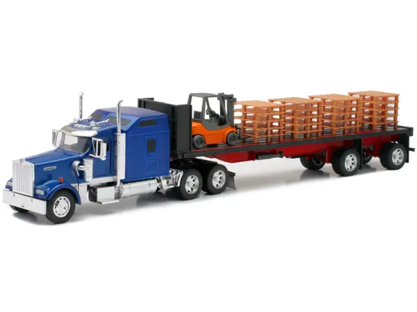 Kenworth W900 Truck with Flatbed Trailer Blue with Forklift and Pallets "Long Haul Truckers" Series 1/32 Diecast Model by New Ray #2