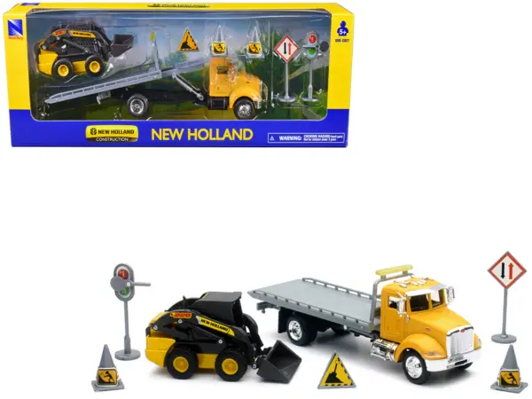 Peterbilt Roll-Off Flatbed Truck Yellow and New Holland L228 Skid Steer Yellow with Road Signs "New Holland Construction" Series 1/43 Diecast Model by New Ray #1