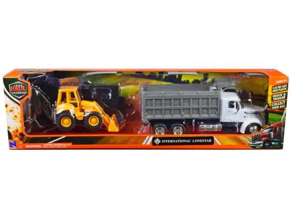 International Lonestar Dump Truck White and Wheel Loader Yellow with Flatbed Trailer "Long Haul Truckers" Series 1/43 Diecast Model by New Ray #3