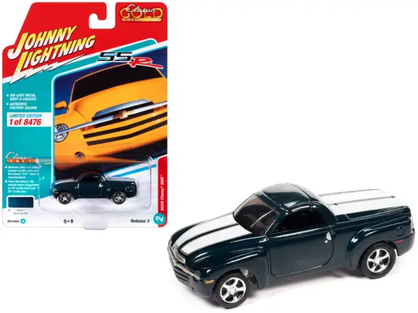 2005 Chevrolet SSR Pickup Truck Bermuda Blue Metallic with White Stripes "Classic Gold Collection" Series Limited Edition to 8476 pieces Worldwide 1/64 Diecast Model Car by Johnny Lightning #1