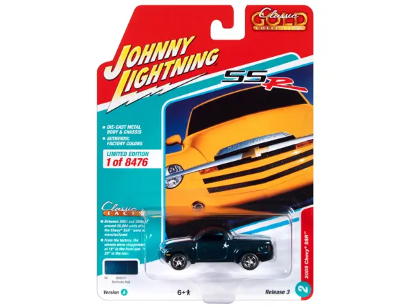 2005 Chevrolet SSR Pickup Truck Bermuda Blue Metallic with White Stripes "Classic Gold Collection" Series Limited Edition to 8476 pieces Worldwide 1/64 Diecast Model Car by Johnny Lightning #3
