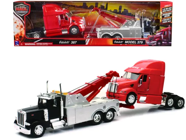 Peterbilt 379 Tow Truck Black with Peterbilt 387 Truck Tractor Red Set of 2 pieces 1/32 Diecast Model by New Ray #1