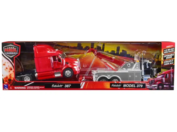 Peterbilt 379 Tow Truck Black with Peterbilt 387 Truck Tractor Red Set of 2 pieces 1/32 Diecast Model by New Ray #3