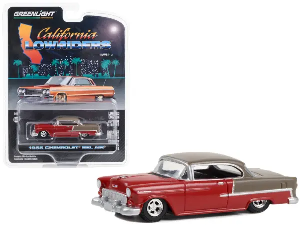 1955 Chevrolet Bel Air Lowrider Ruby Red and Matt Bronze "California Lowriders" Series 3 1/64 Diecast Model Car by Greenlight #1
