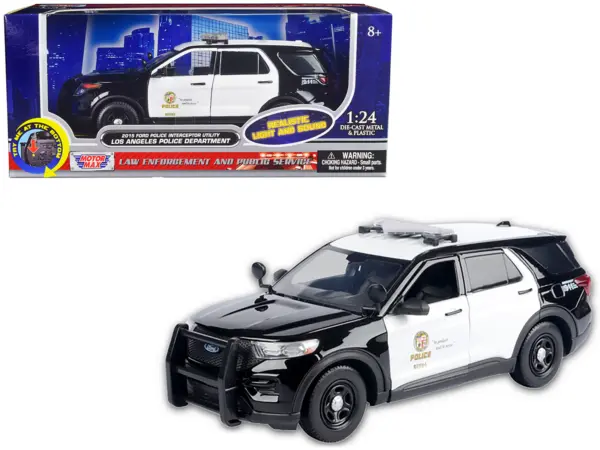 2015 Ford Police Interceptor Utility Black and White "Los Angeles Police Department (LAPD)" with Flashing Light Bar and Front and Rear Lights and Sounds 1/24 Diecast Model Car by Motormax #1