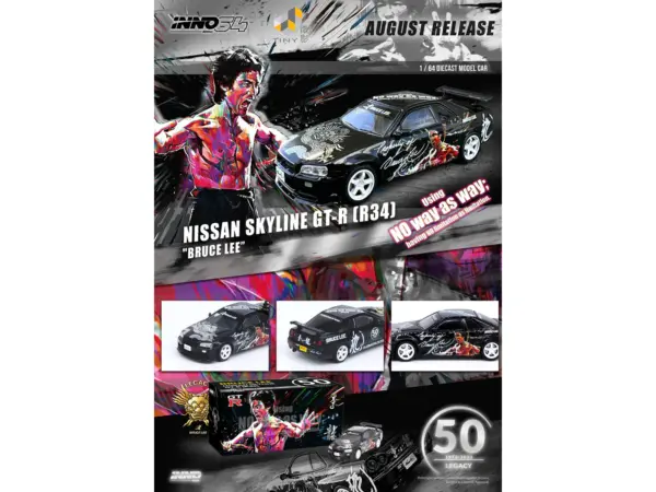Nissan Skyline GT-R (R34) RHD (Right Hand Drive) Black "Bruce Lee Legacy 50 Year Anniversary" 1/64 Diecast Model Car by Inno Models #3
