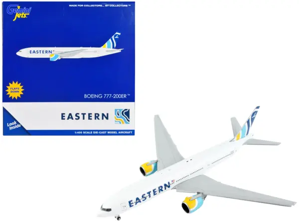 Boeing 777-200ER Commercial Aircraft with Flaps Down "Eastern Air Lines" White with Striped Tail 1/400 Diecast Model Airplane by GeminiJets #1
