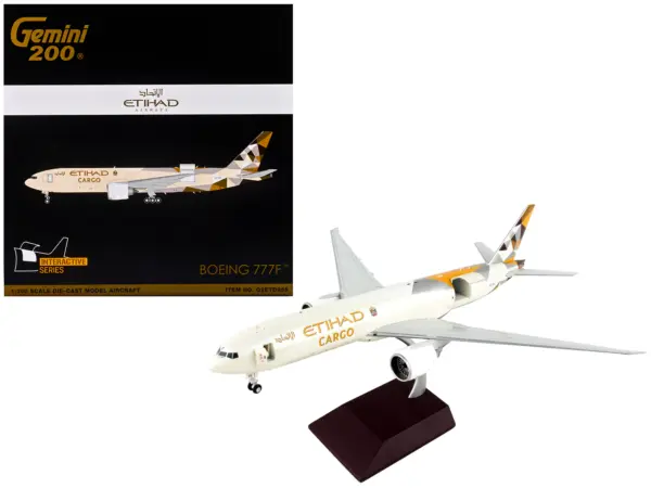 Boeing 777F Commercial Aircraft "Etihad Airways Cargo" Beige with Tail Graphics "Gemini 200 - Interactive" Series 1/200 Diecast Model Airplane by GeminiJets #1