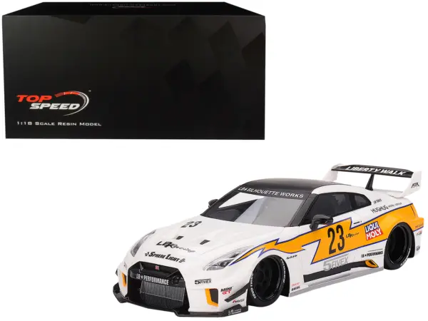 Nissan LB-Silhouette WORKS GT 35GT-RR Ver.1 RHD (Right Hand Drive) #23 White with Yellow Stripes "LB Racing" 1/18 Model Car by Top Speed #1
