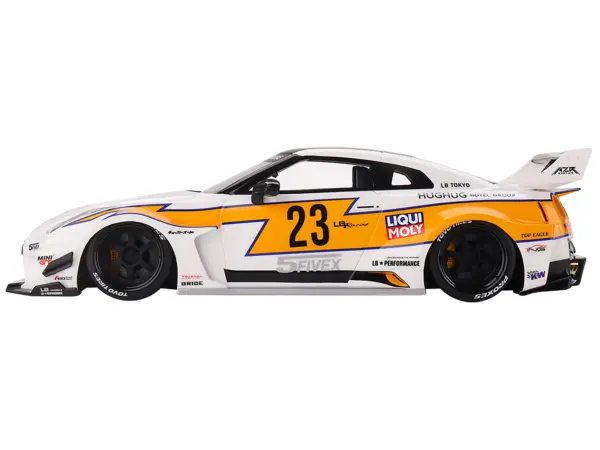 Nissan LB-Silhouette WORKS GT 35GT-RR Ver.1 RHD (Right Hand Drive) #23 White with Yellow Stripes "LB Racing" 1/18 Model Car by Top Speed #3