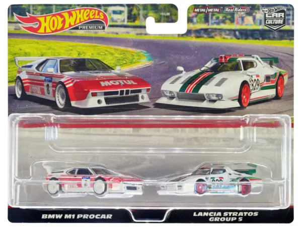BMW M1 Procar #8 White with Red Stripes and Lancia Stratos Group 5 #829 White with Stripes "Car Culture" Set of 2 Cars Diecast Model Cars by Hot Wheels #1