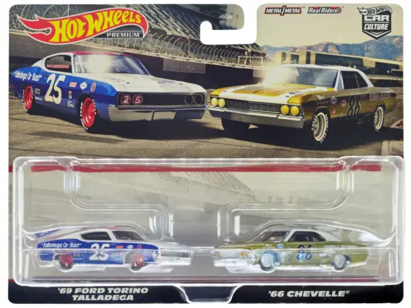 1969 Ford Torino Talladega #25 White and Blue with Red Top and 1966 Chevrolet Chevelle #86 Gold with White Top "Car Culture" Set of 2 Cars Diecast Model Cars by Hot Wheels #1