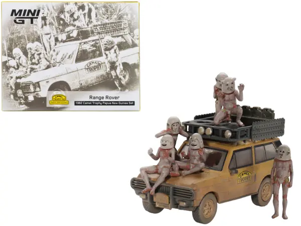 Range Rover with Roofrack Tan (Dirty Version) "Camel Trophy - Papua New Guinea Team USA" (1982) with "Papua New Guinea Asaro Mudmen" 6 piece Figure Set 1/64 Diecast Model Car by Mini GT #1