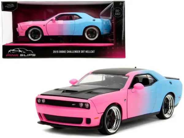 2015 Dodge Challenger SRT Hellcat Pink and Blue Gradient with Matt Black Hood and Top "Pink Slips" Series 1/24 Diecast Model Car by Jada #1