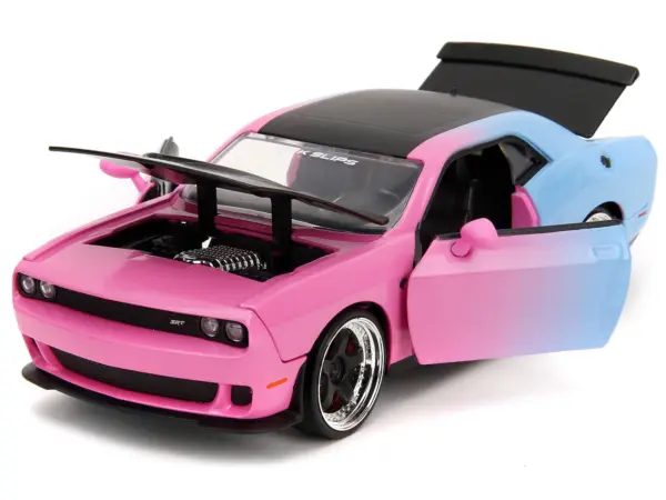 2015 Dodge Challenger SRT Hellcat Pink and Blue Gradient with Matt Black Hood and Top "Pink Slips" Series 1/24 Diecast Model Car by Jada #2