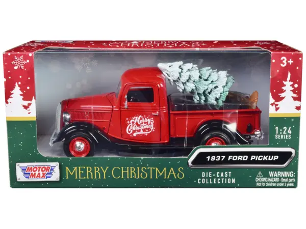 1937 Ford Pickup Truck Red and Black "Merry Christmas" with Tree Accessory 1/24 Diecast Model Car by Motormax #1