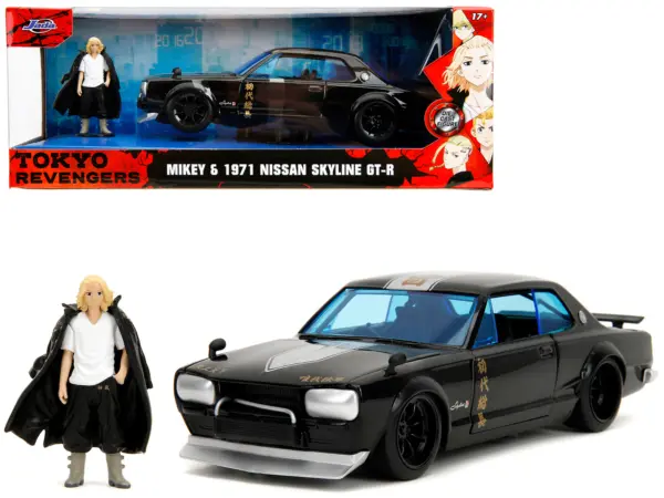 1971 Nissan Skyline GT-R RHD (Right Hand Drive) Black with Silver Stripe and Mikey Diecast Figure "Tokyo Revengers" (2021) TV Series "Anime Hollywood Rides" Series 1/24 Diecast Model Car by Jada #1