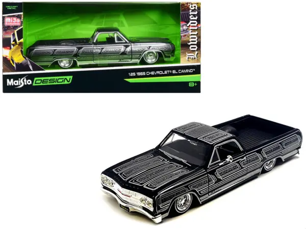 1965 Chevrolet El Camino Lowrider Black Metallic with Silver Graphics "Lowriders" Series 1/25 Diecast Model Car by Maisto #1