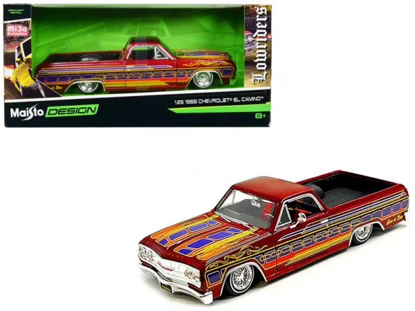 1965 Chevrolet El Camino Lowrider Candy Red Metallic with Graphics "Lowriders" Series 1/25 Diecast Model Car by Maisto #1