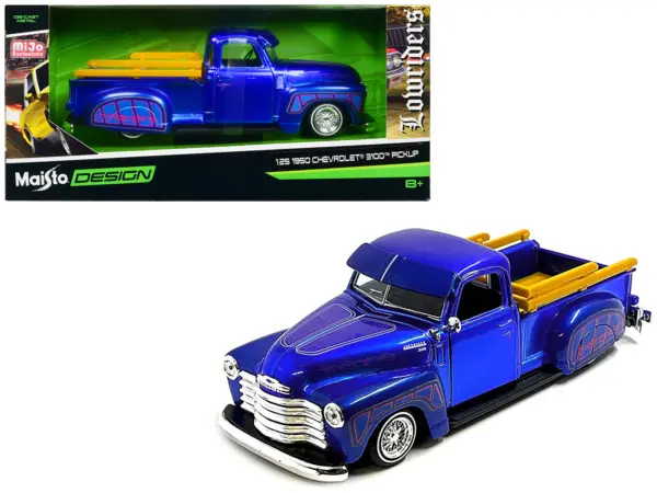 1950 Chevrolet 3100 Pickup Truck Lowrider Candy Blue with Graphics "Lowriders" Series 1/25 Diecast Model Car by Maisto #1