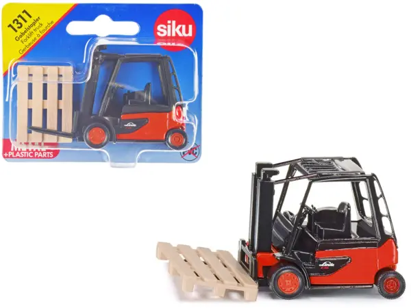 Linde E35 Forklift Truck Red with Black Top with Pallet Accessory Diecast Model by Siku #1
