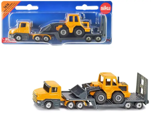 Truck with Low Loader Trailer and Front Loader Yellow Diecast Model by Siku #1