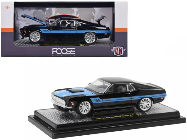 1970 Ford Mustang Gambler 514 Black with Blue Stripes "Foose" Limited Edition to 6650 pieces Worldwide 1/24 Diecast Model Car by M2 Machines #1