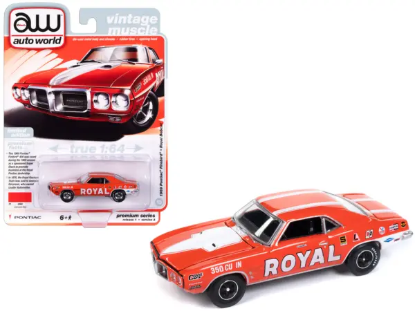1969 Pontiac Firebird Royal Bobcat Carousel Red with White Stripes and Graphics "Vintage Muscle" Limited Edition 1/64 Diecast Model Car by Auto World #1