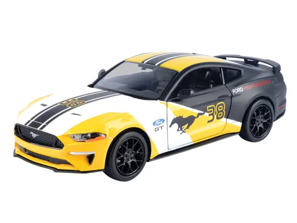 2018 Ford Mustang GT #38 White and Matt Black with Yellow Graphics "GT Racing" Series 1/24 Diecast Model Car by Motormax #2
