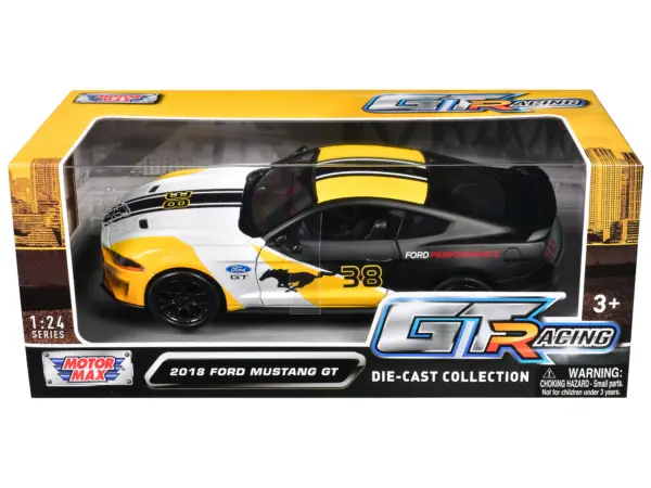 2018 Ford Mustang GT #38 White and Matt Black with Yellow Graphics "GT Racing" Series 1/24 Diecast Model Car by Motormax #3
