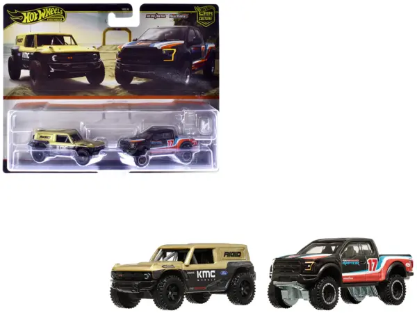 Ford Bronco R Gold Metallic and Black and 2017 Ford F-150 Raptor Pickup Truck #17 Black with Stripes "Car Culture" Set of 2 Cars Diecast Model Cars by Hot Wheels #1