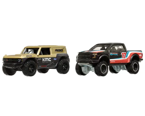 Ford Bronco R Gold Metallic and Black and 2017 Ford F-150 Raptor Pickup Truck #17 Black with Stripes "Car Culture" Set of 2 Cars Diecast Model Cars by Hot Wheels #2
