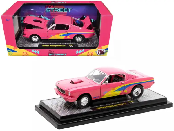 1966 Ford Mustang Fastback 2+2 Pink with Blue and Yellow Stripes "Pro Street" Limited Edition to 6250 pieces Worldwide 1/24 Diecast Model Car by M2 Machines #1