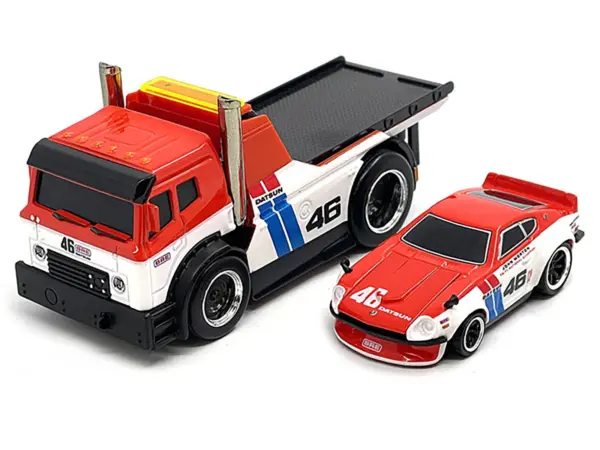 JDM Flatbed Truck #46 Red and White with Blue Stripes and 1972 Datsun 240Z #46 Red and White with Blue Stripes "BRE" "Muscle Transports" Series 1/64 Diecast Models by Muscle Machines #2