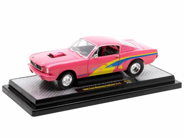 1966 Ford Mustang Fastback 2+2 Pink with Blue and Yellow Stripes "Pro Street" Limited Edition to 6250 pieces Worldwide 1/24 Diecast Model Car by M2 Machines #2