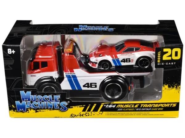 JDM Flatbed Truck #46 Red and White with Blue Stripes and 1972 Datsun 240Z #46 Red and White with Blue Stripes "BRE" "Muscle Transports" Series 1/64 Diecast Models by Muscle Machines #3