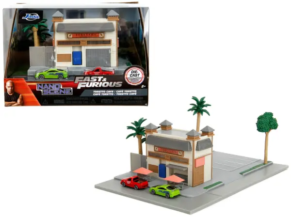 Toretto Cafe Diorama with Mitsubishi Eclipse Green and Ford F-150 SVT Lightning Red "Fast and Furious" "Nano Scene" Series Model by Jada #1
