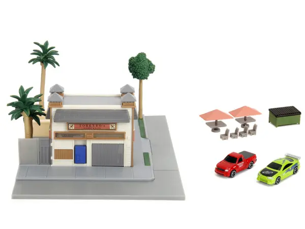 Toretto Cafe Diorama with Mitsubishi Eclipse Green and Ford F-150 SVT Lightning Red "Fast and Furious" "Nano Scene" Series Model by Jada #2