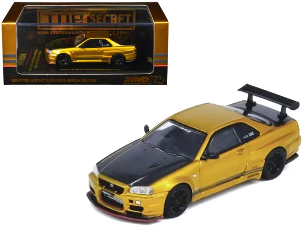 Nissan Skyline GT-R (R34) "Top Secret" RHD (Right Hand Drive) Gold Metallic with Carbon Hood and Trunk "Tokyo Auto Salon 2024 - Malaysia Diecast Expo 2024" 1/64 Diecast Model Car by Inno Models #1