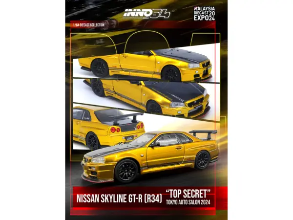 Nissan Skyline GT-R (R34) "Top Secret" RHD (Right Hand Drive) Gold Metallic with Carbon Hood and Trunk "Tokyo Auto Salon 2024 - Malaysia Diecast Expo 2024" 1/64 Diecast Model Car by Inno Models #4
